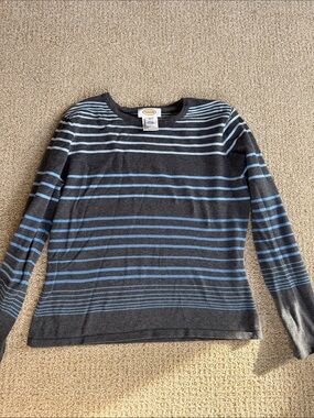 Talbots Women’s Charcoal Gray Crewneck Sweater with Light Blue Stripes